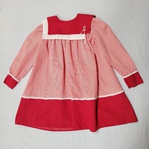 Vintage 1950s red stripe dot kitty dress toddler 6 7